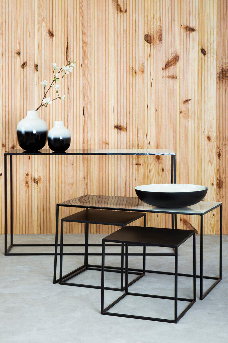 Three Piece Black & White Ombre Coffee Table Set With Slim Metal Frame, Ramus