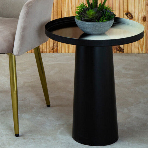 Black & White Round Metal Top Side Table With Black Pedestal Base, Ramus