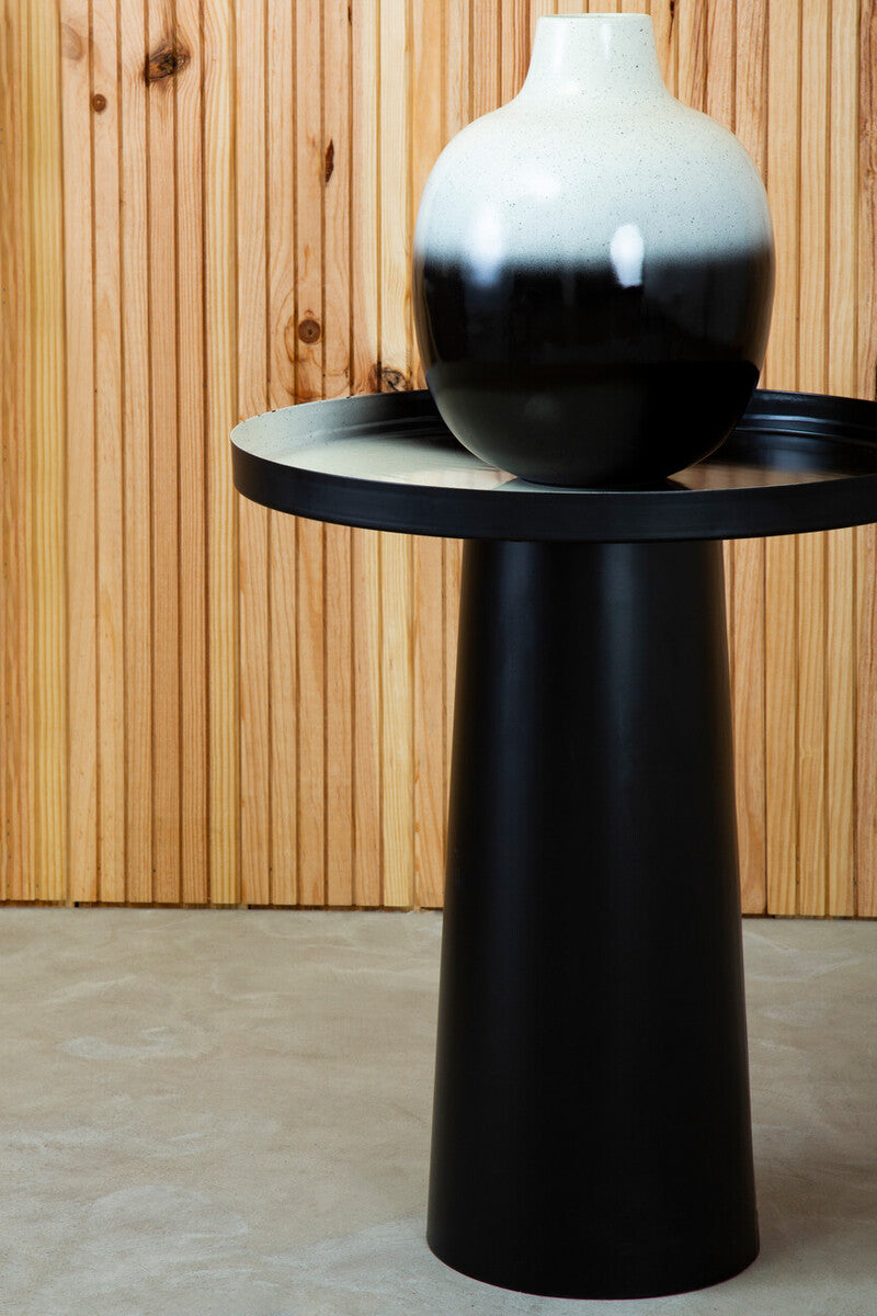 Black & White Round Metal Top Side Table With Black Pedestal Base, Ramus