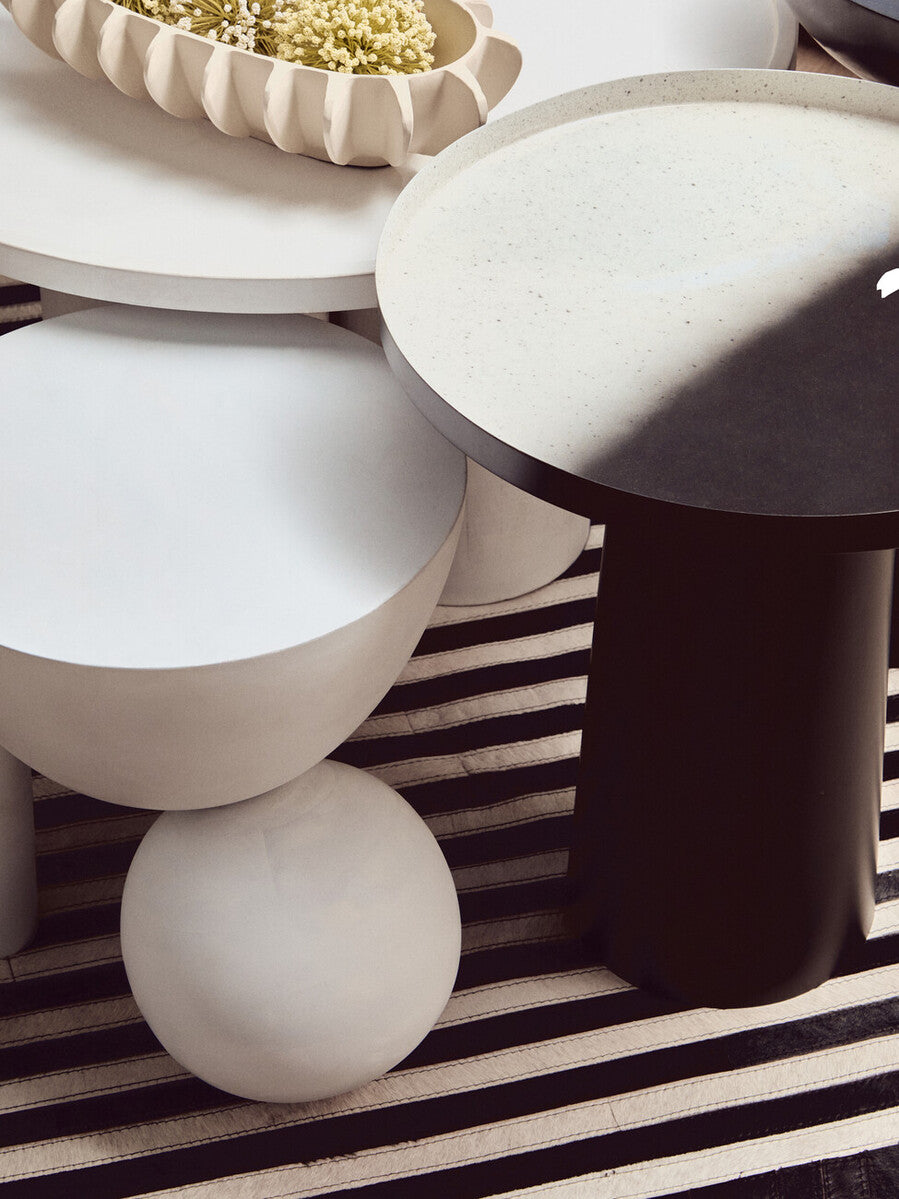Black & White Round Metal Top Side Table With Black Pedestal Base, Ramus
