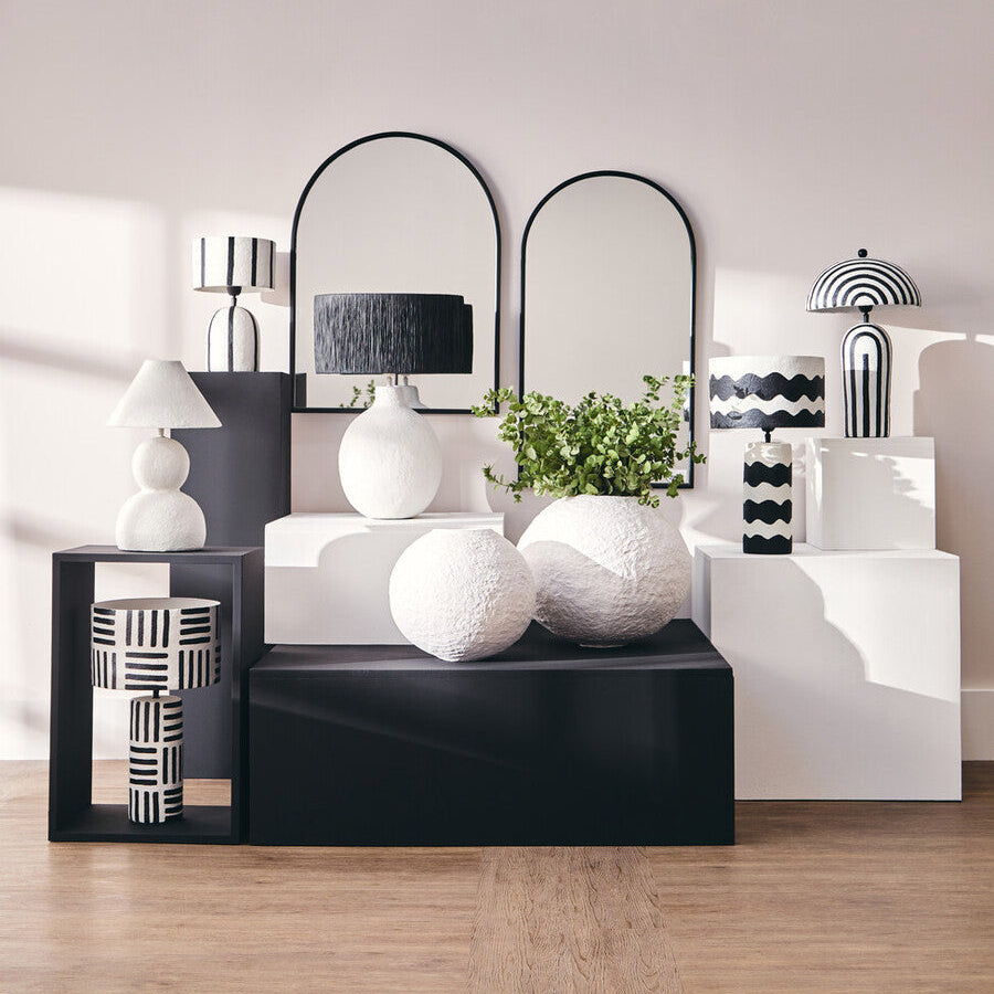 Carta Black & White Papier Mache Table Lamp With Geometric Lines