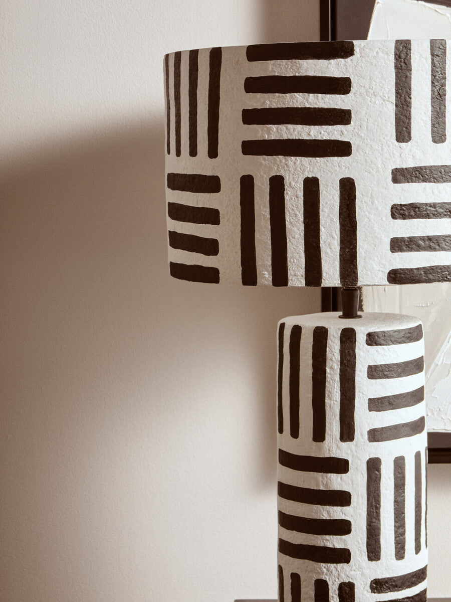 Carta Black & White Papier Mache Table Lamp With Geometric Lines