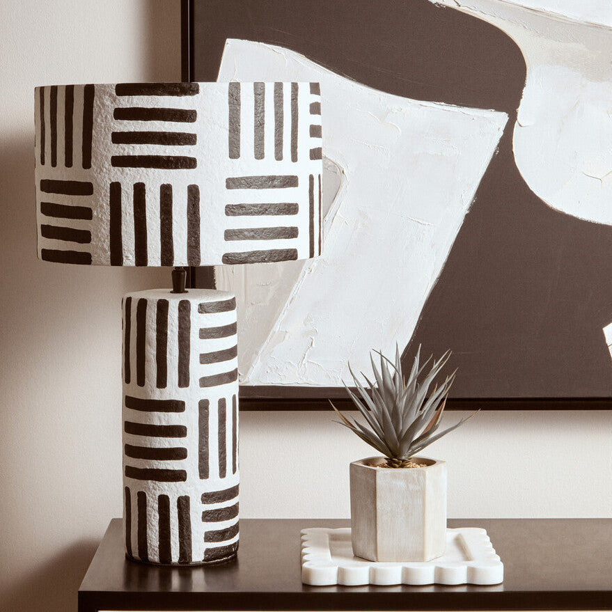 Carta Black & White Papier Mache Table Lamp With Geometric Lines