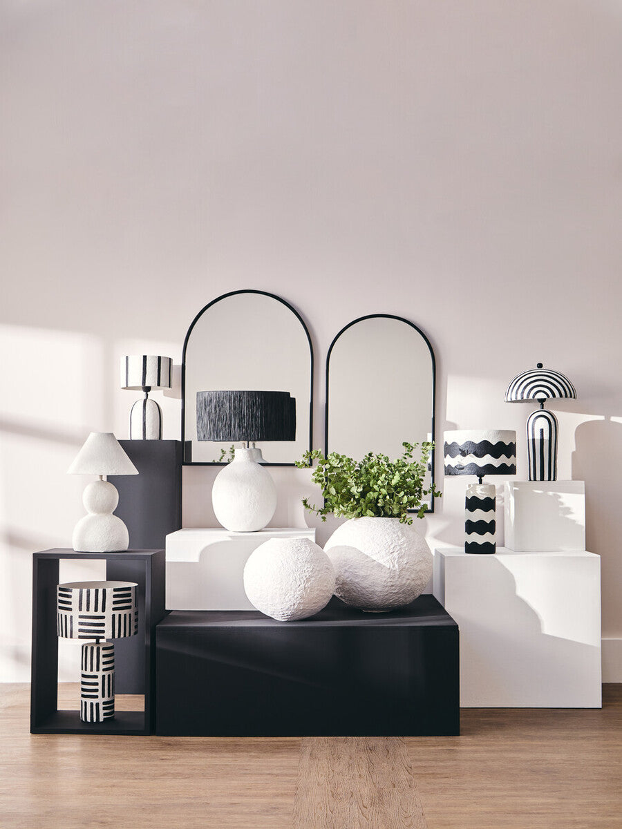 Carta Black & White Papier Mache Table Lamp With Geometric Lines