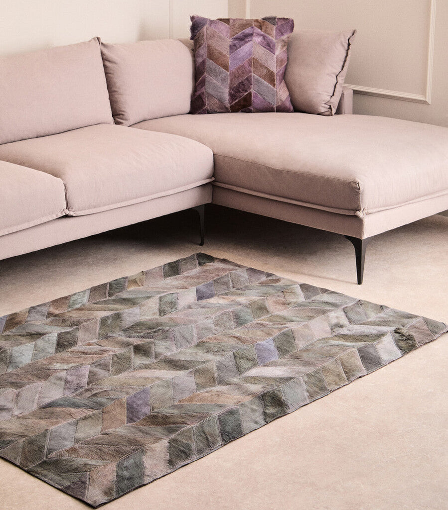 Bosie Safira Small Grey Hair On Leather Chevron Patchwork Rug