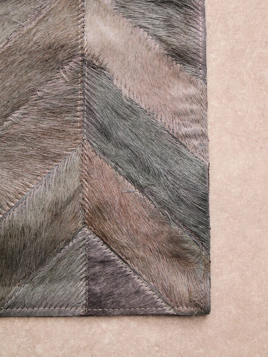 Bosie Safira Small Grey Hair On Leather Chevron Patchwork Rug