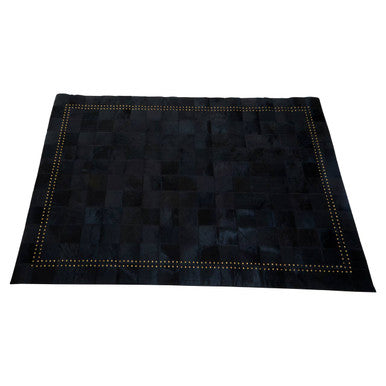 Bosie Safira Small Black Hair On Leather Patchwork Rug With Gold Studs