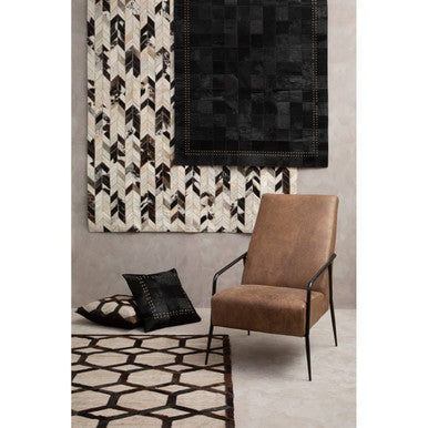 Bosie Safira Small Black Hair On Leather Patchwork Rug With Gold Studs