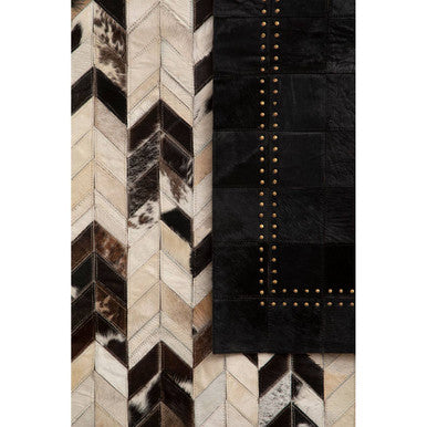 Bosie Safira Small Black Hair On Leather Patchwork Rug With Gold Studs