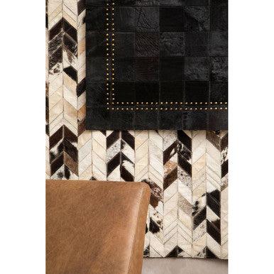 Bosie Safira Small Black Hair On Leather Patchwork Rug With Gold Studs