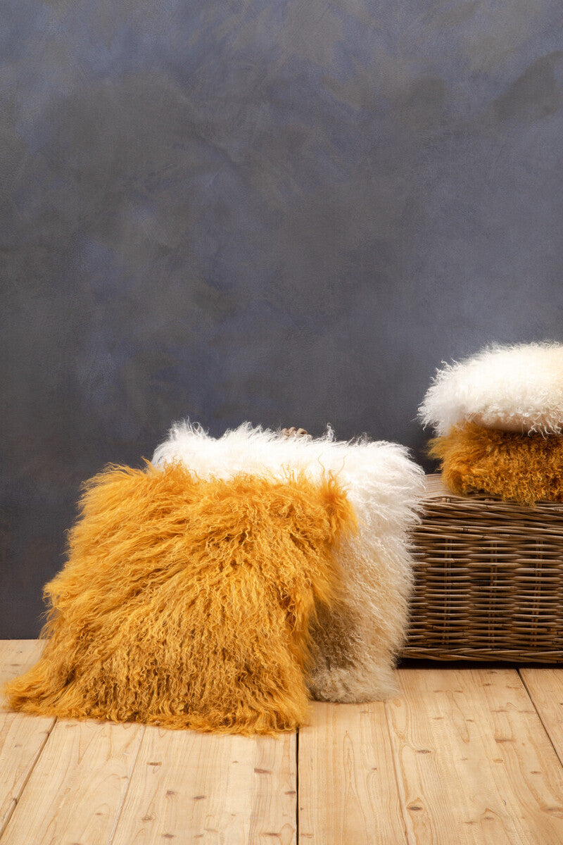 Bosie Real Mongolian Fur Ochre Square Cushion