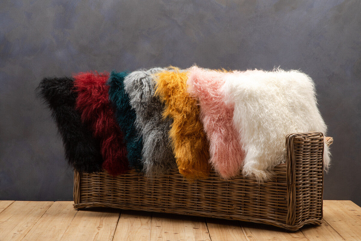 Bosie Real Mongolian Fur Ochre Square Cushion