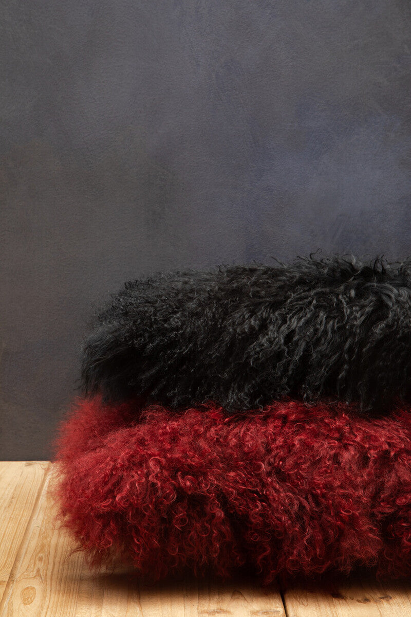 Bosie Real Mongolian Fur Maroon Square Cushion
