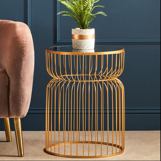 Gold Metal Wireframe Round Side Table With Mirrored Top, Avantis