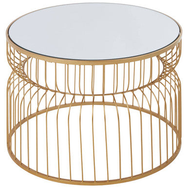 Round Mirrored Top Side Table With Gold Metal Wireframe Base, Avantis