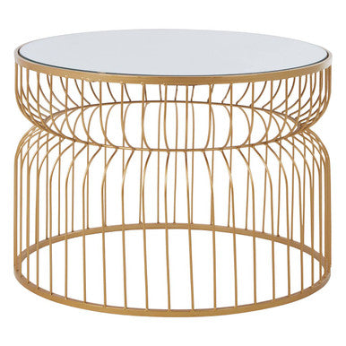 Round Mirrored Top Side Table With Gold Metal Wireframe Base, Avantis