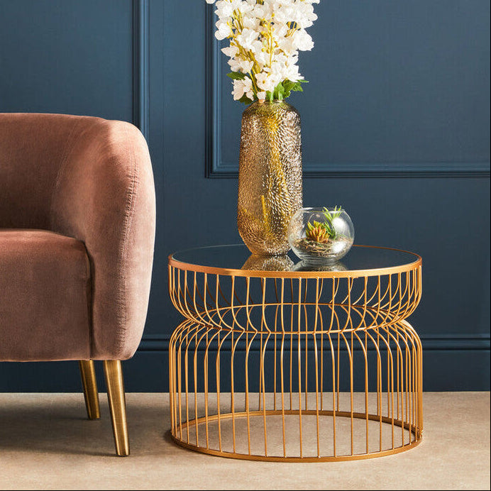 Round Mirrored Top Side Table With Gold Metal Wireframe Base, Avantis