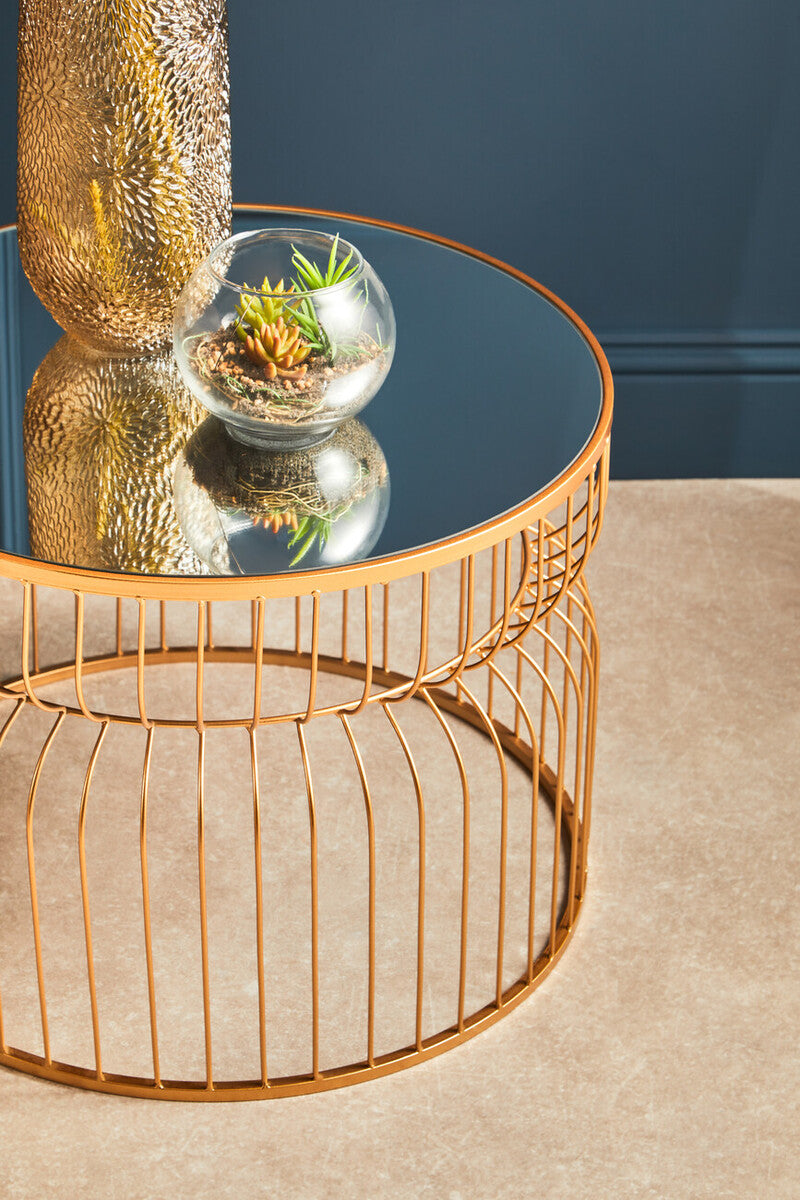 Round Mirrored Top Side Table With Gold Metal Wireframe Base, Avantis