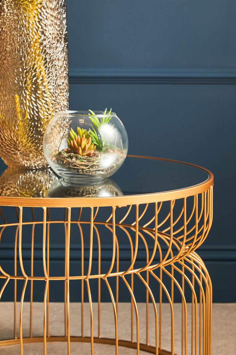 Round Mirrored Top Side Table With Gold Metal Wireframe Base, Avantis