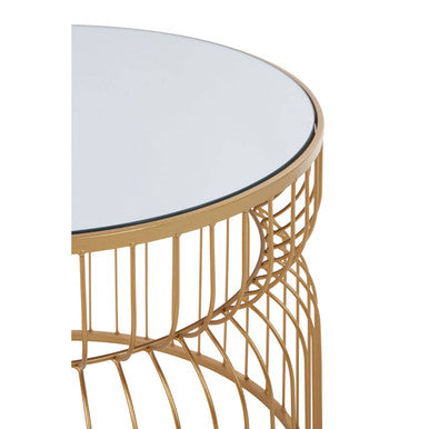 Round Mirrored Top Side Table With Gold Metal Wireframe Base, Avantis