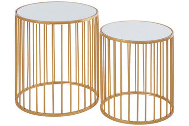Set Of 2 Mirror Top Round Side Tables With Gold Frame, Avantis