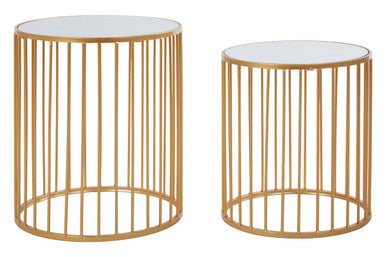 Set Of 2 Mirror Top Round Side Tables With Gold Frame, Avantis