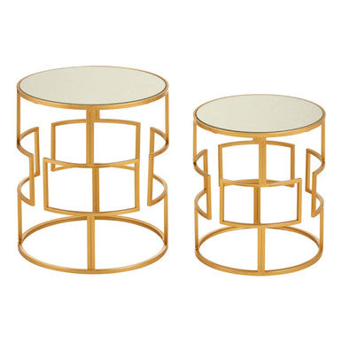 Set Of 2 Glass Round Top Side Tables With Gold Metal Rectangular Sections Frame, Avantis