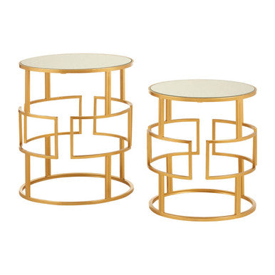Set Of 2 Glass Round Top Side Tables With Gold Metal Rectangular Sections Frame, Avantis