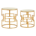 Set Of 2 Glass Round Top Side Tables With Gold Metal Rectangular Sections Frame, Avantis