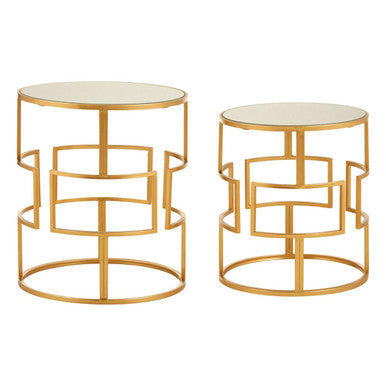 Set Of 2 Glass Round Top Side Tables With Gold Metal Rectangular Sections Frame, Avantis