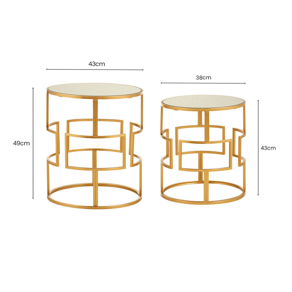 Set Of 2 Glass Round Top Side Tables With Gold Metal Rectangular Sections Frame, Avantis