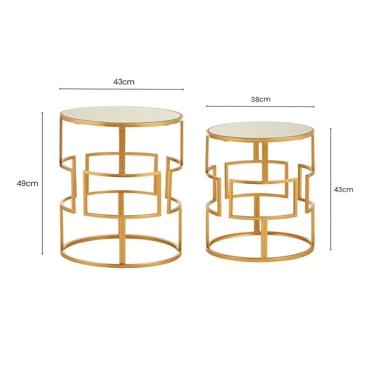 Set Of 2 Glass Round Top Side Tables With Gold Metal Rectangular Sections Frame, Avantis