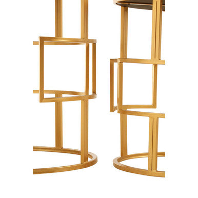 Set Of 2 Glass Round Top Side Tables With Gold Metal Rectangular Sections Frame, Avantis