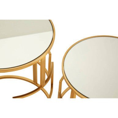 Set Of 2 Glass Round Top Side Tables With Gold Metal Rectangular Sections Frame, Avantis