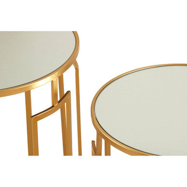 Set Of 2 Gold Mirrored Top Round Side Tables With Gold Metal Frame, Avantis