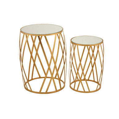 Set Of 2 Gold Mirrored Glass Top Side Tables With Gold Metal Cross Design Frame, Avantis
