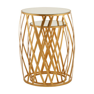 Set Of 2 Gold Mirrored Glass Top Side Tables With Gold Metal Cross Design Frame, Avantis