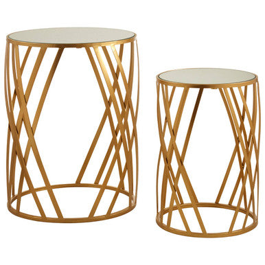 Set Of 2 Gold Mirrored Glass Top Side Tables With Gold Metal Cross Design Frame, Avantis