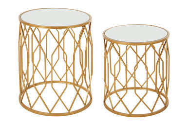 Set Of 2 Gold Mirrored Glass Top Round Side Tables With Gold Metal Frames, Avantis