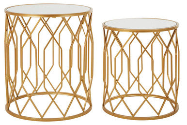 Set Of 2 Gold Mirrored Glass Top Round Side Tables With Gold Metal Frames, Avantis
