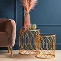 Set Of 2 Gold Mirrored Glass Top Round Side Tables With Gold Metal Frames, Avantis