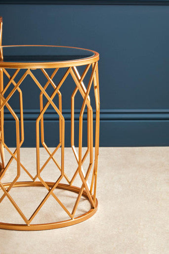 Set Of 2 Gold Mirrored Glass Top Round Side Tables With Gold Metal Frames, Avantis
