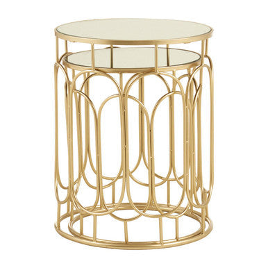 Set Of 2 Mirrored Glass Top Nesting Side Tables With Gold Champagne Metal Frame, Avantis