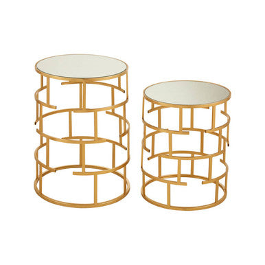 Set Of 2 Mirrored Glass Top & Gold Maze Design Base Side Tables, Avantis