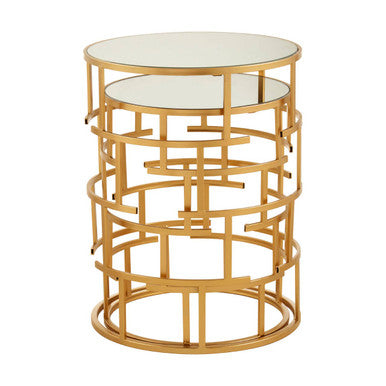 Set Of 2 Mirrored Glass Top & Gold Maze Design Base Side Tables, Avantis