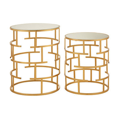 Set Of 2 Mirrored Glass Top & Gold Maze Design Base Side Tables, Avantis