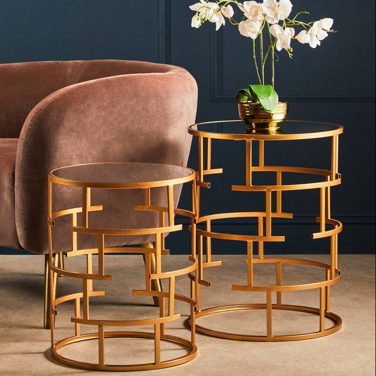 Set Of 2 Mirrored Glass Top & Gold Maze Design Base Side Tables, Avantis