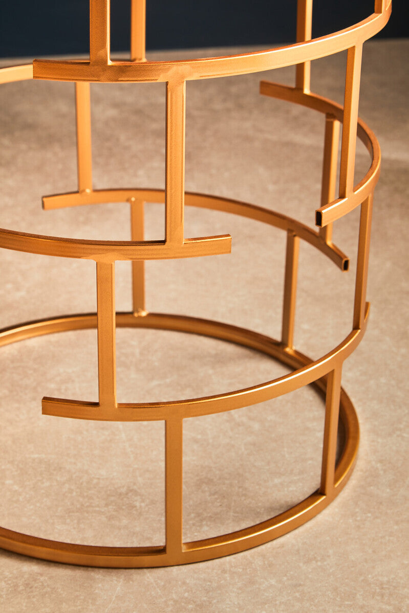 Set Of 2 Mirrored Glass Top & Gold Maze Design Base Side Tables, Avantis
