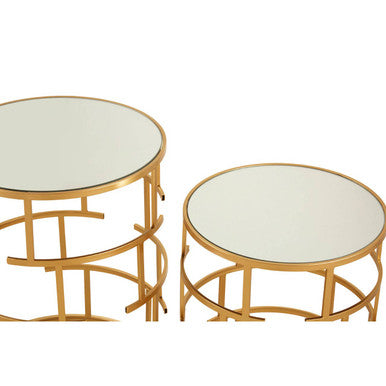 Set Of 2 Mirrored Glass Top & Gold Maze Design Base Side Tables, Avantis