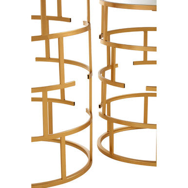 Set Of 2 Mirrored Glass Top & Gold Maze Design Base Side Tables, Avantis